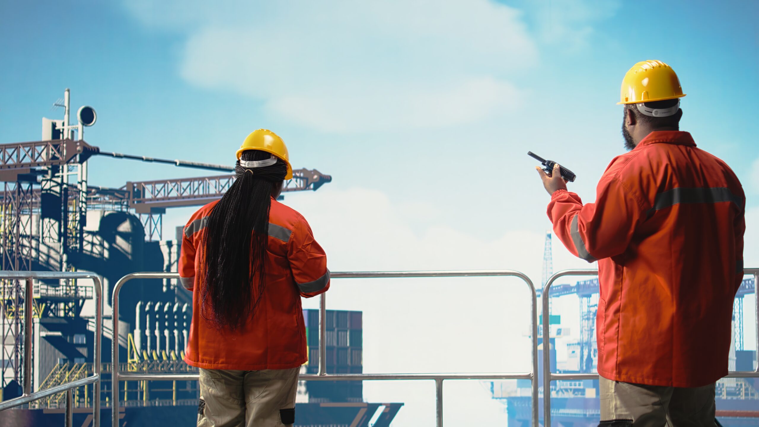 Offshore platform engineer reports operation status using walkie talkie, following safety protocols. African american man in charge of drilling rig communications doing checkup on equipment,